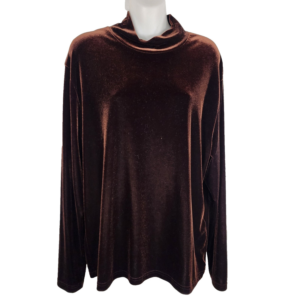 Christie & Jill Womens Top Size XL Brown Velvet Mock Neck Long Sleeve Pullover